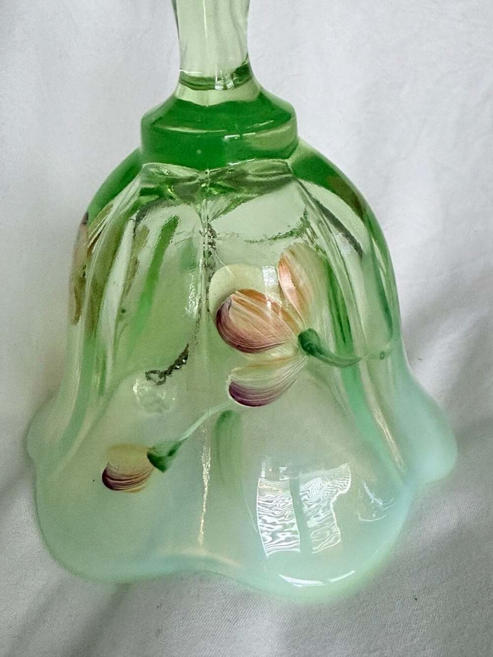 Uranium Fenton Hand Painted Light Green Floral Art Glass Bell - Picture 6 of 15